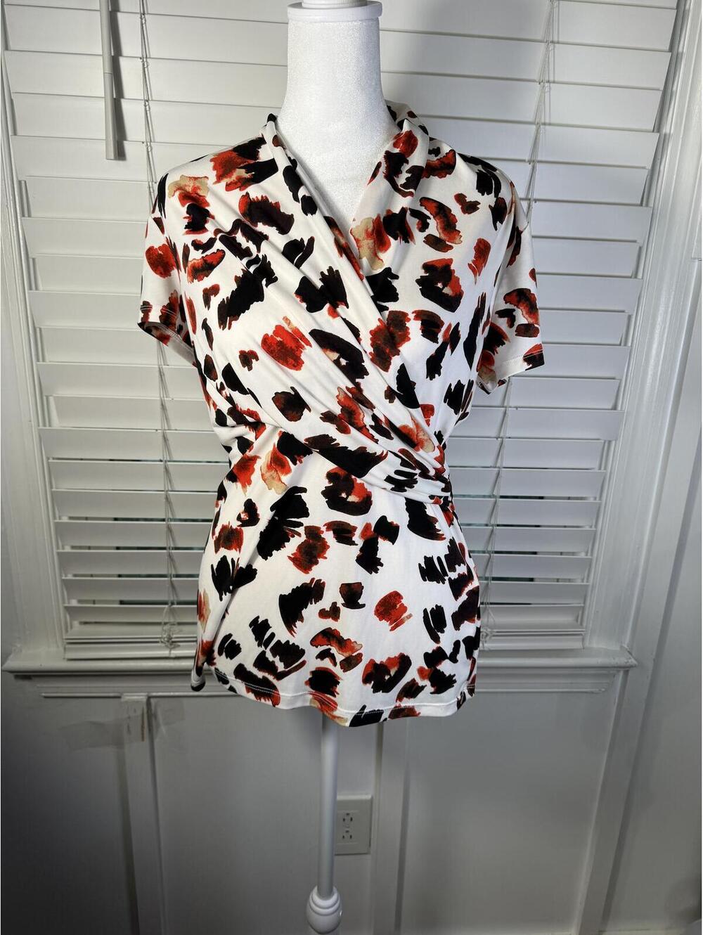 DKNY Small Abstract Faux Wrap Draped V-Neck Blouse Black Orange White